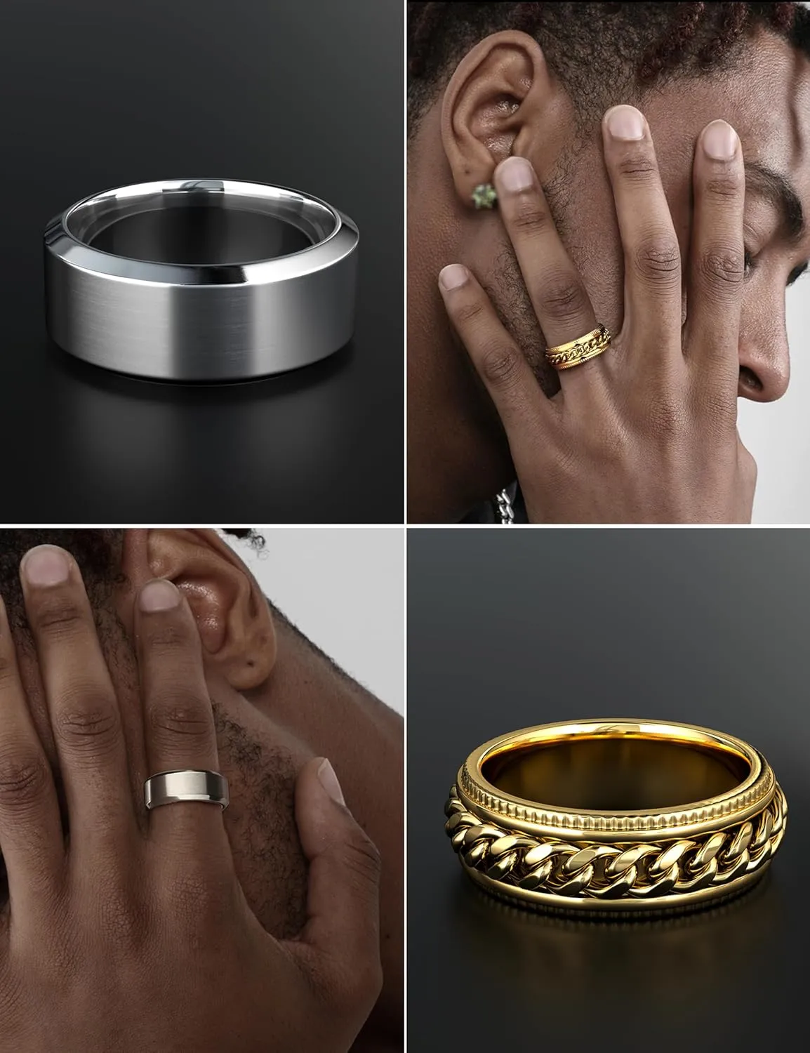 FIASASO 9Pcs Wedding Band Set - Stainless Steel Rings for Men, 8MM Width, Silver, Black, Gold, Size 6-14