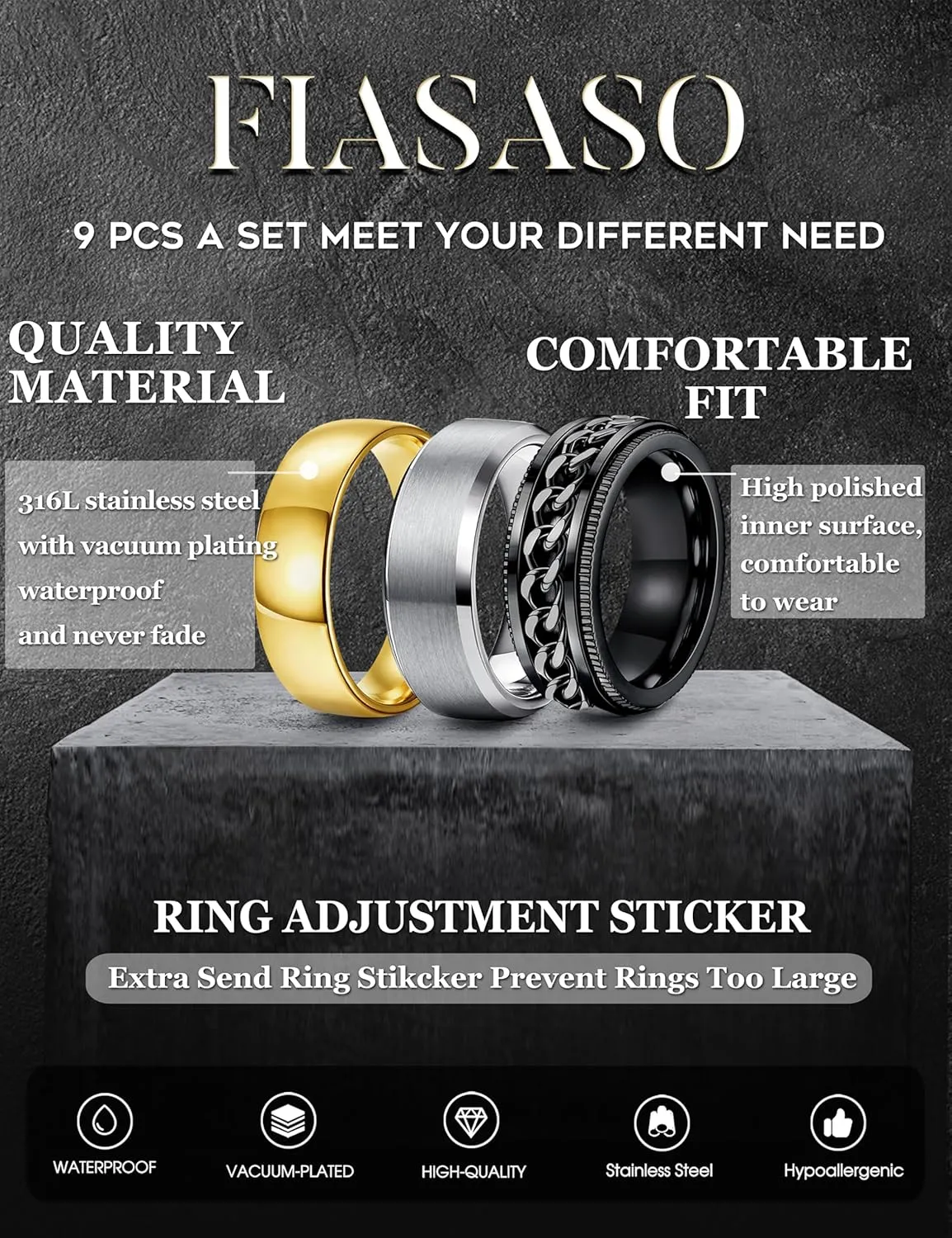FIASASO 9Pcs Wedding Band Set - Stainless Steel Rings for Men, 8MM Width, Silver, Black, Gold, Size 6-14