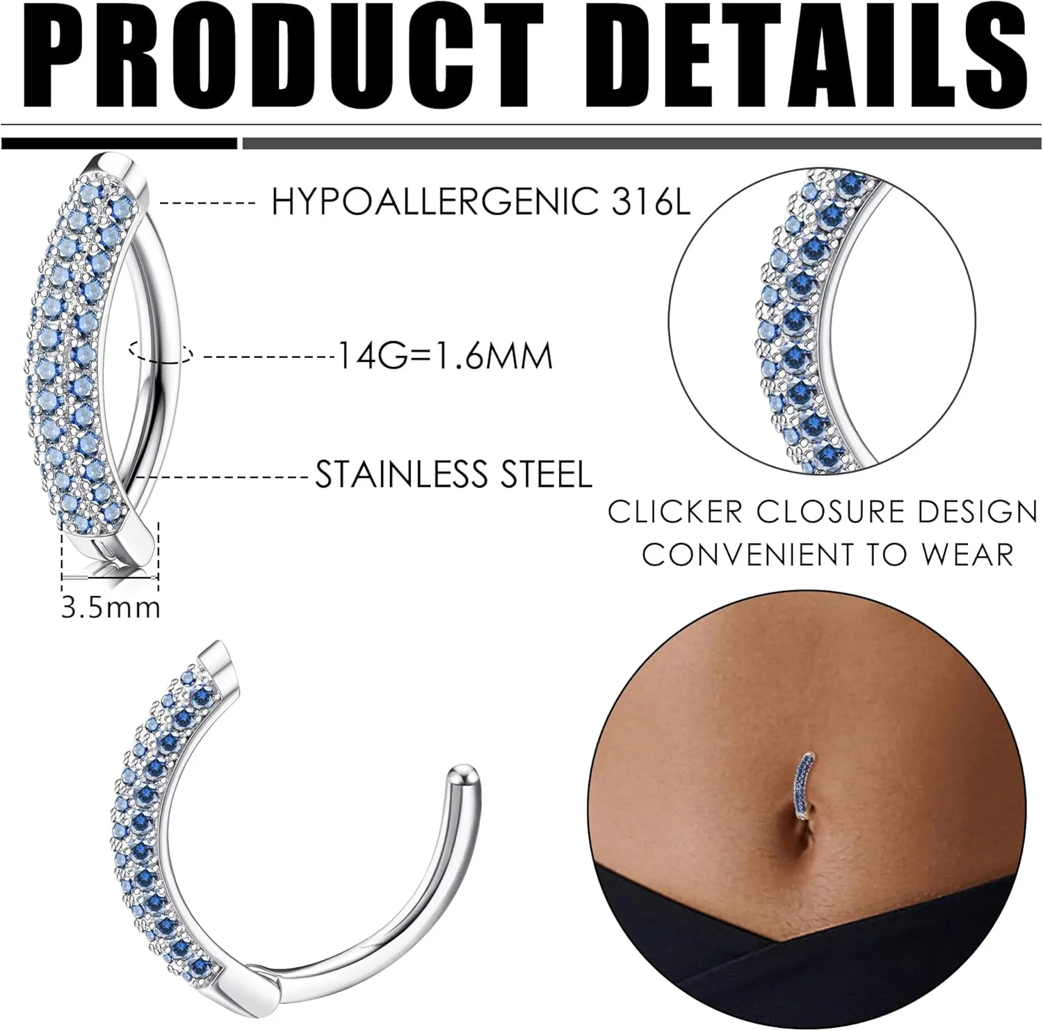 FIASASO Clicker Belly Button Ring for Women Hypoallergenic 14G Surgical Steel Belly Rings Simple Hoop Belly Button Piercing Reverse Navel Ring Piercing Jewelry