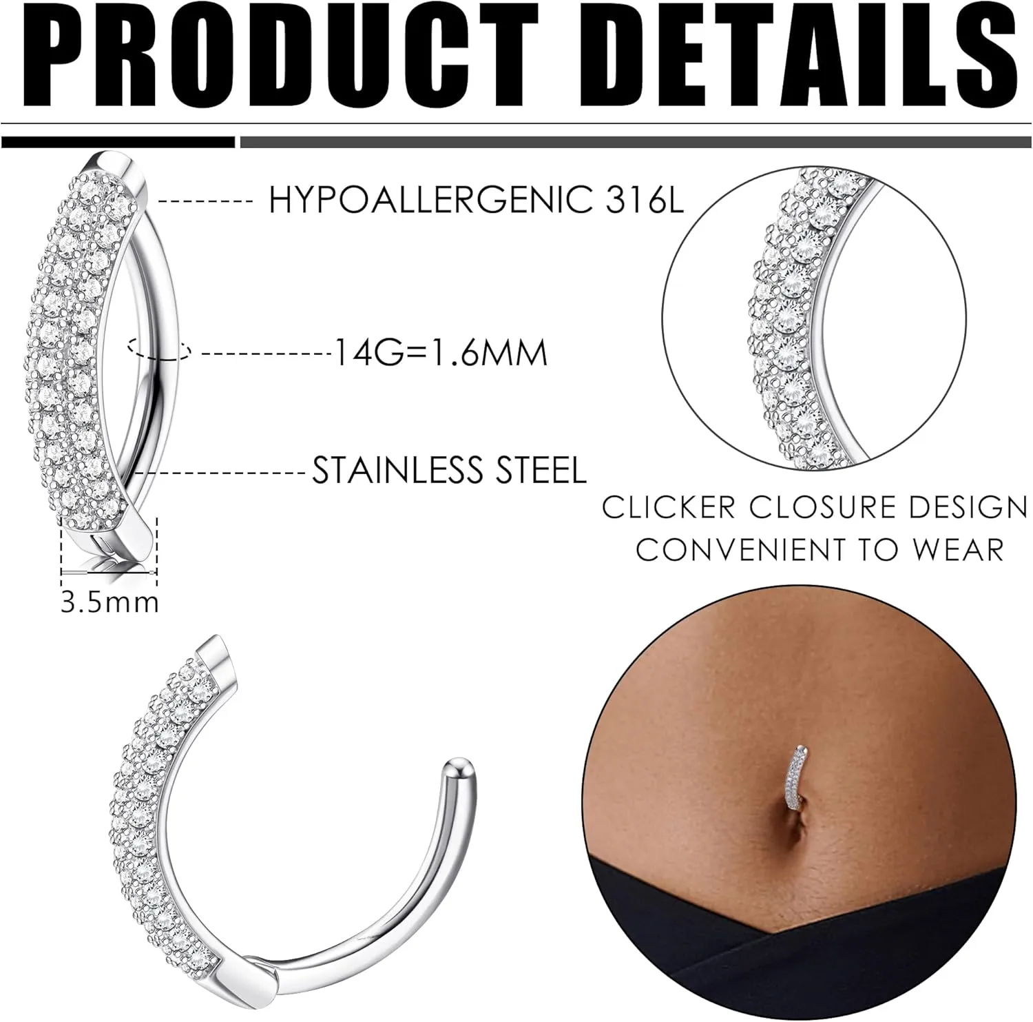 FIASASO Clicker Belly Button Ring for Women Hypoallergenic 14G Surgical Steel Belly Rings Simple Hoop Belly Button Piercing Reverse Navel Ring Piercing Jewelry