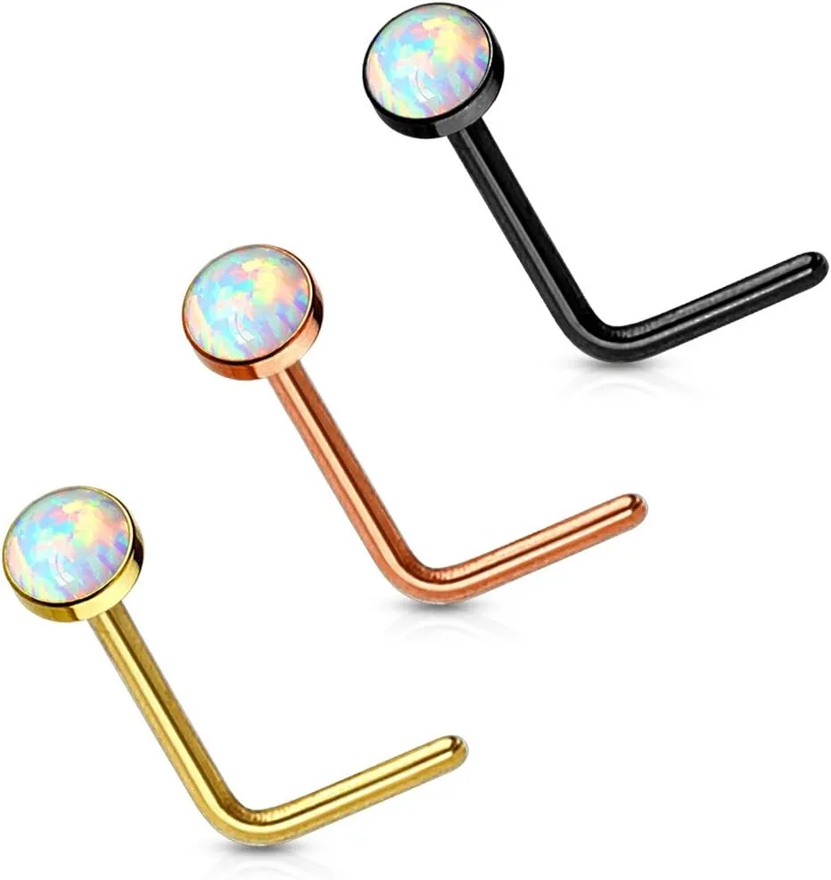 FIFTH CUE 20G Synthetic Opal Set Flat Top PVD Over 316L Surgical Steel L bend Stud Nose Rings