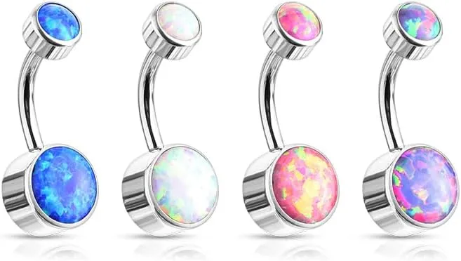 FIFTH CUE Implant Grade Solid Pure Titanium Internally Threaded Round Bezel Set Double Opal Navel Belly Ring