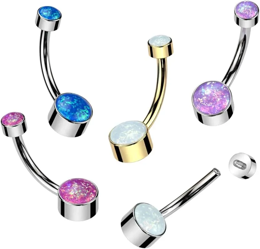 FIFTH CUE Implant Grade Solid Pure Titanium Internally Threaded Round Bezel Set Double Opal Navel Belly Ring