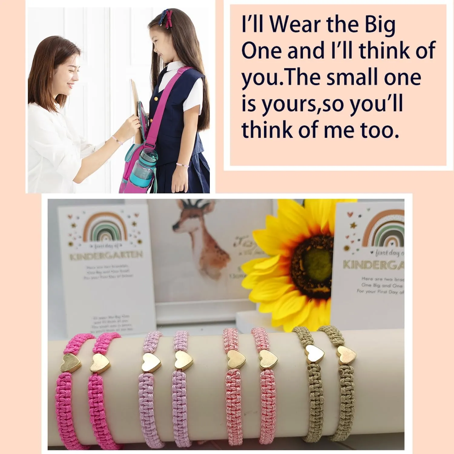 First Day of Kindergarten Bracelets,First Day of School Bracelets for Mom and Daughter,Back to School Bracelet Pre-K Matching Heart Wish Adjustable Bracelet