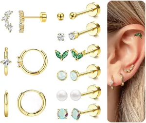 Flat Back Gold Earrings for Women Stud Hoop Earrings Sets for Multiple Piercing Hypoallergenic Surgical Stainless Steel Earrings for Women Trendy Cartilage Earring Stacks Flatback Earrings