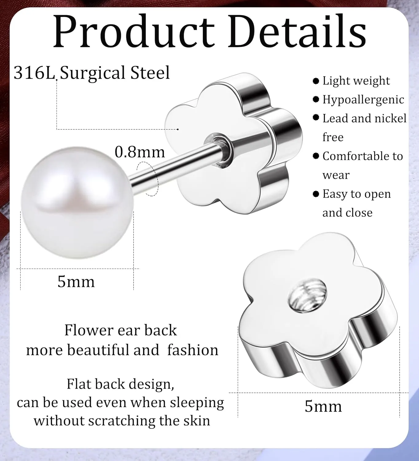 Flat Back Pearl Stud Earrings for Women Girls Stainless Steel Small Pearl Cartilage Earrings Hypoallergenic Pearl Screw Back Earrings for Sensitive Skin Helix Piercing Jewelry (5mm, Silver)