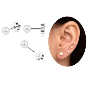 Flat Back Pearl Stud Earrings for Women Girls Stainless Steel Small Pearl Cartilage Earrings Hypoallergenic Pearl Screw Back Earrings for Sensitive Skin Helix Piercing Jewelry (5mm, Silver)