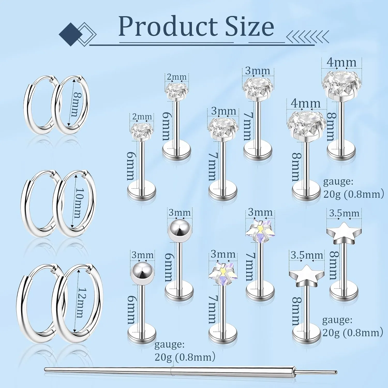 FlatBack Stud Earrings Cartilage Earrings for Women Men Hypoallergenic Threadless Flat Back Earring Surgical Steel Earring Tragus Helix Labret Lip Medusa Conch Body Piercing Jewelry
