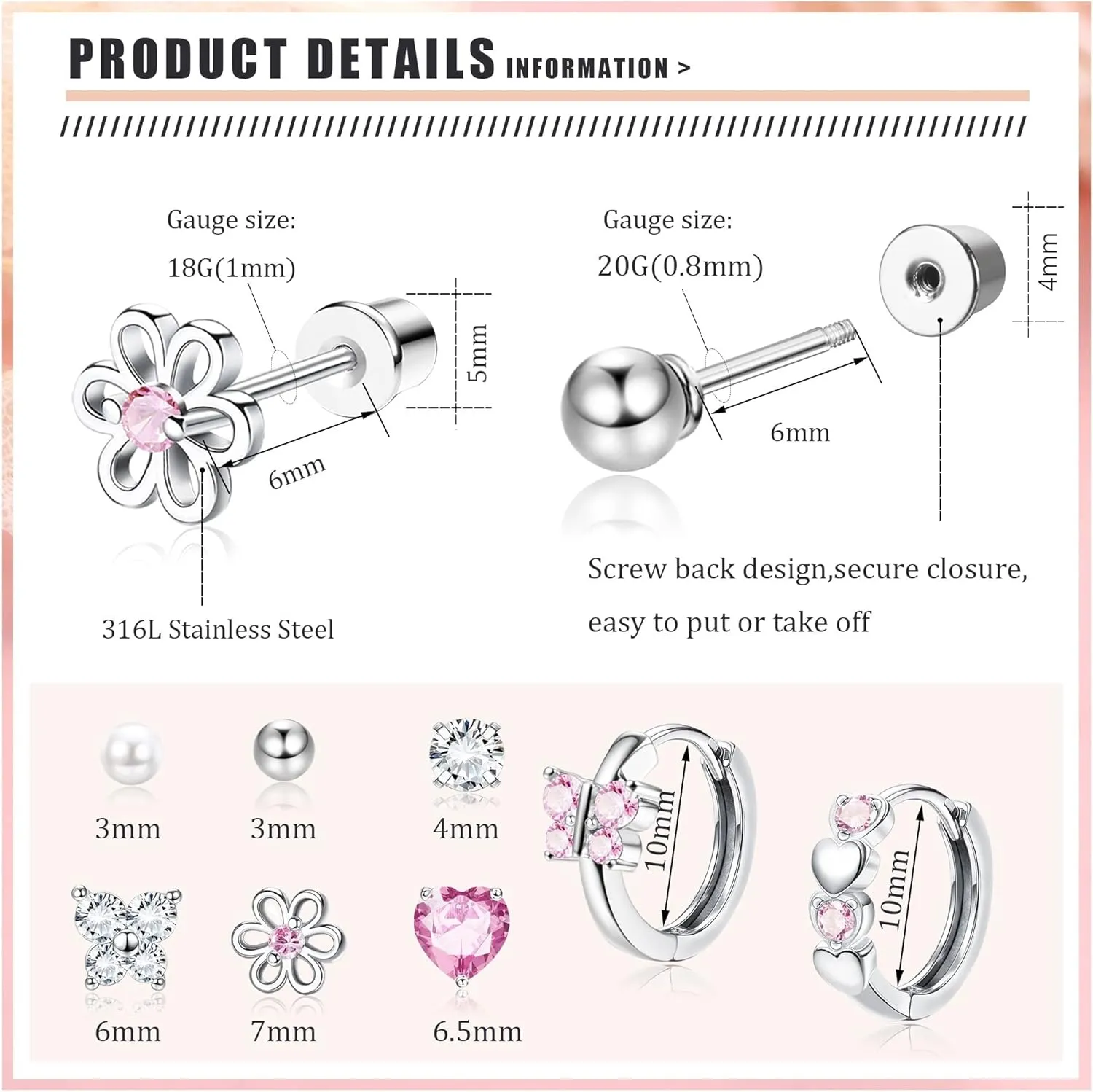 Florideco Hypoallergenic Earrings for Girls Surgical Steel Screw Back Stud Earrings for Toddlers Small Hoops Huggie Earrings for Teens Cute Little Girls Earrings for Kids(over 4 years old)