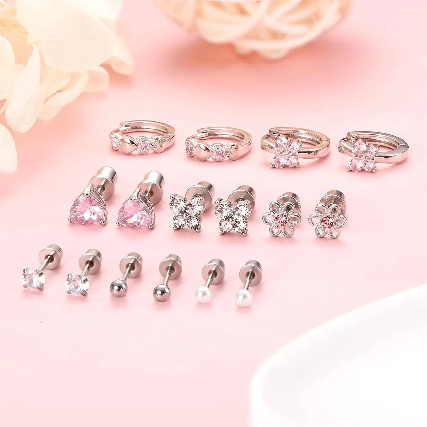 Florideco Hypoallergenic Earrings for Girls Surgical Steel Screw Back Stud Earrings for Toddlers Small Hoops Huggie Earrings for Teens Cute Little Girls Earrings for Kids(over 4 years old)