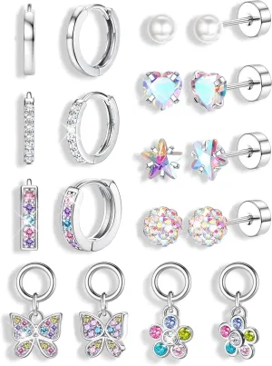 Florideco Hypoallergenic Earrings for Girls Women Surgical Stainless Steel Screw Back Stud Earrings for Girls Sensitive Ears Hoop Earrings Set Kids Earrings Toddler Earring Over 4 Years Old