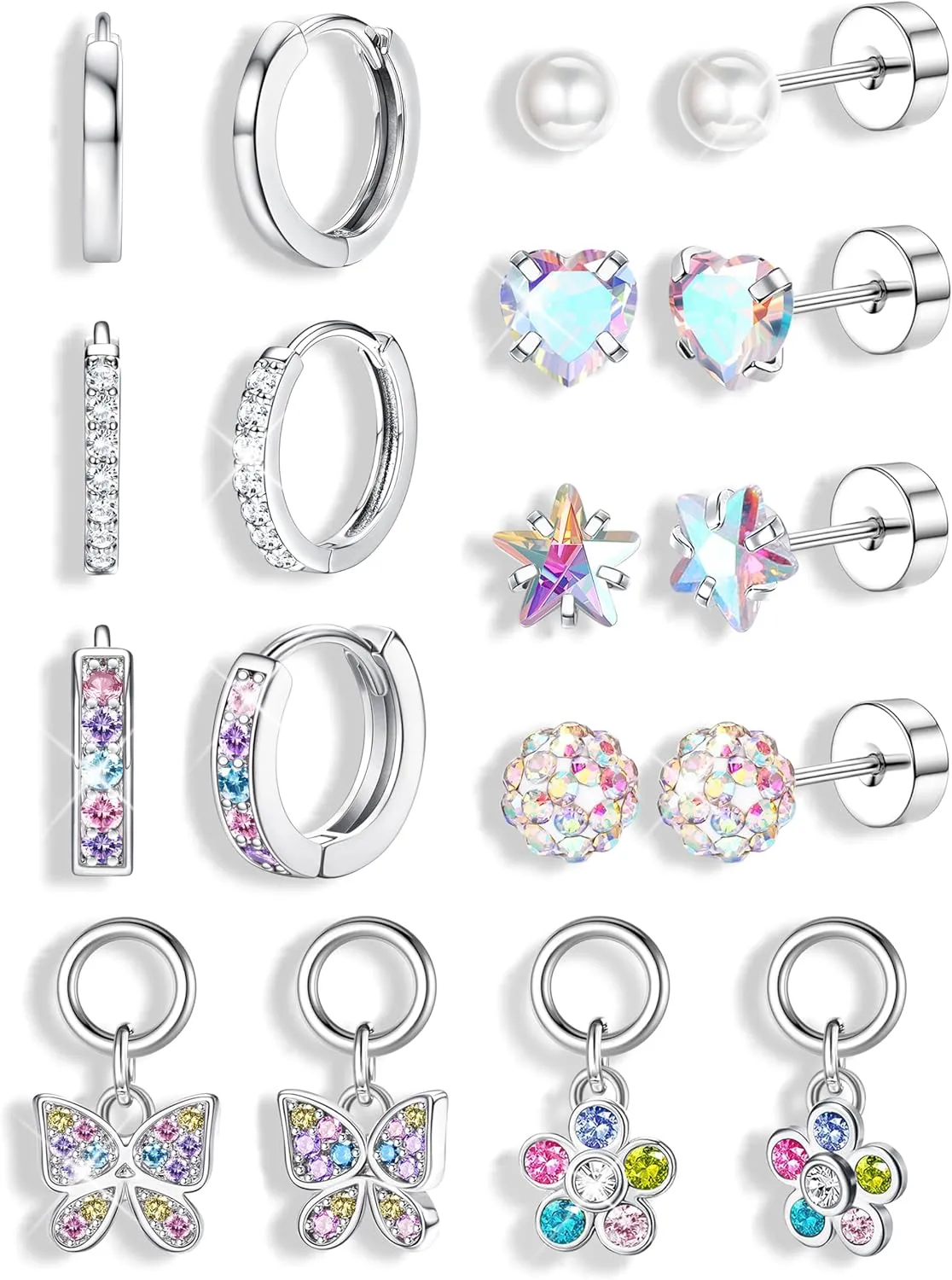 Florideco Hypoallergenic Earrings for Girls Women Surgical Stainless Steel Screw Back Stud Earrings for Girls Sensitive Ears Hoop Earrings Set Kids Earrings Toddler Earring Over 4 Years Old
