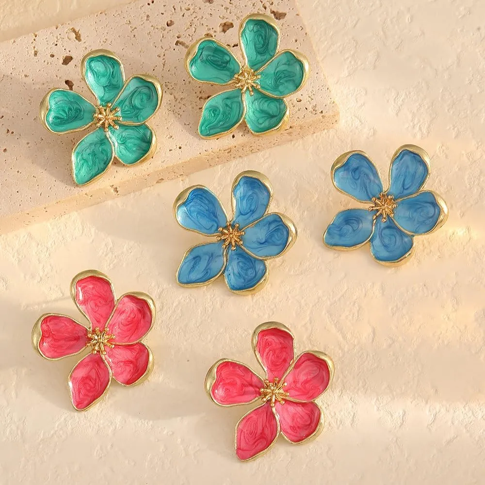 Flower Earrings for Women Large Statement Earrings for Women Gold Big Floral Earring Unique White Green Blue Pink Flower Stud Earring Fancy Trendy Jewelry