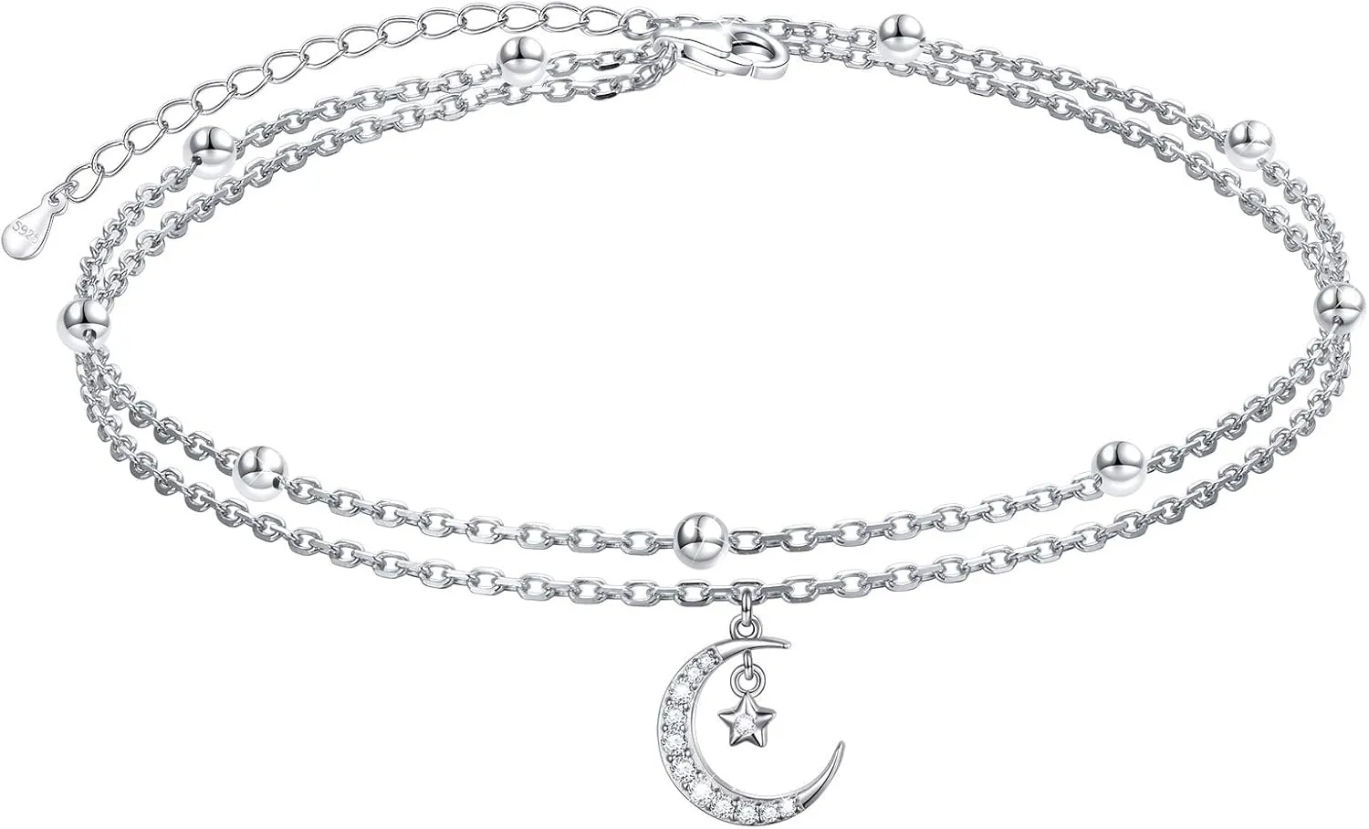 FLYOW Anklet for Women S925 Sterling Silver Adjustable Foot Beaded Cross/Crescent Moon And Star/Butterfly Ankle Bracelet Anklets Jewelry