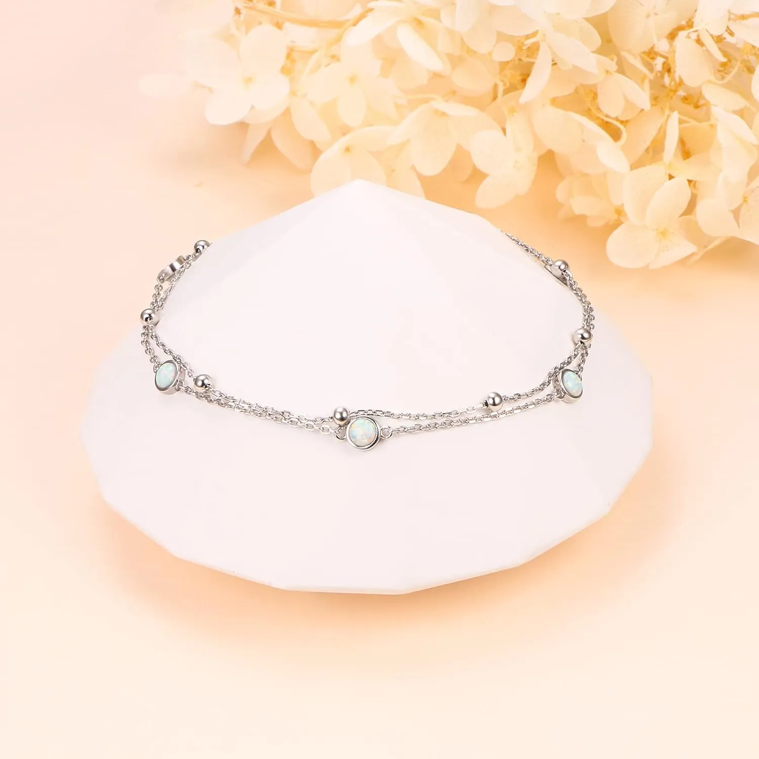 FLYOW Anklet for Women S925 Sterling Silver Adjustable Foot Beaded Heart Charm Ankle Bracelet Anklets Jewelry