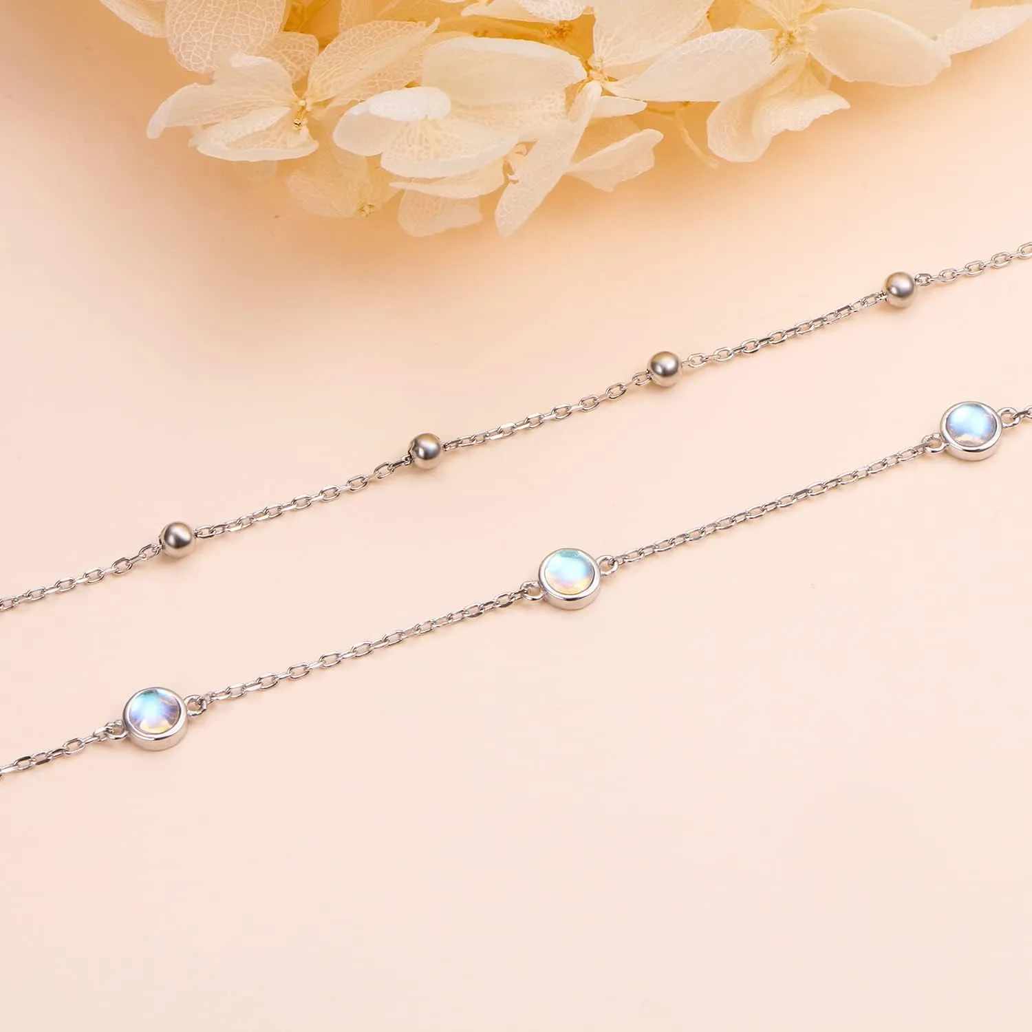 FLYOW Anklet for Women S925 Sterling Silver Adjustable Foot Beaded Heart Charm Ankle Bracelet Anklets Jewelry