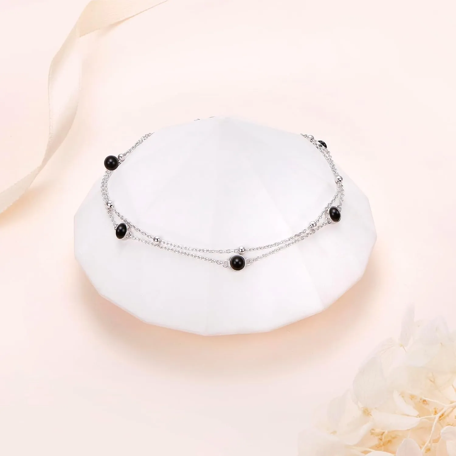 FLYOW Anklet for Women S925 Sterling Silver Adjustable Foot Beaded Heart Charm Ankle Bracelet Anklets Jewelry