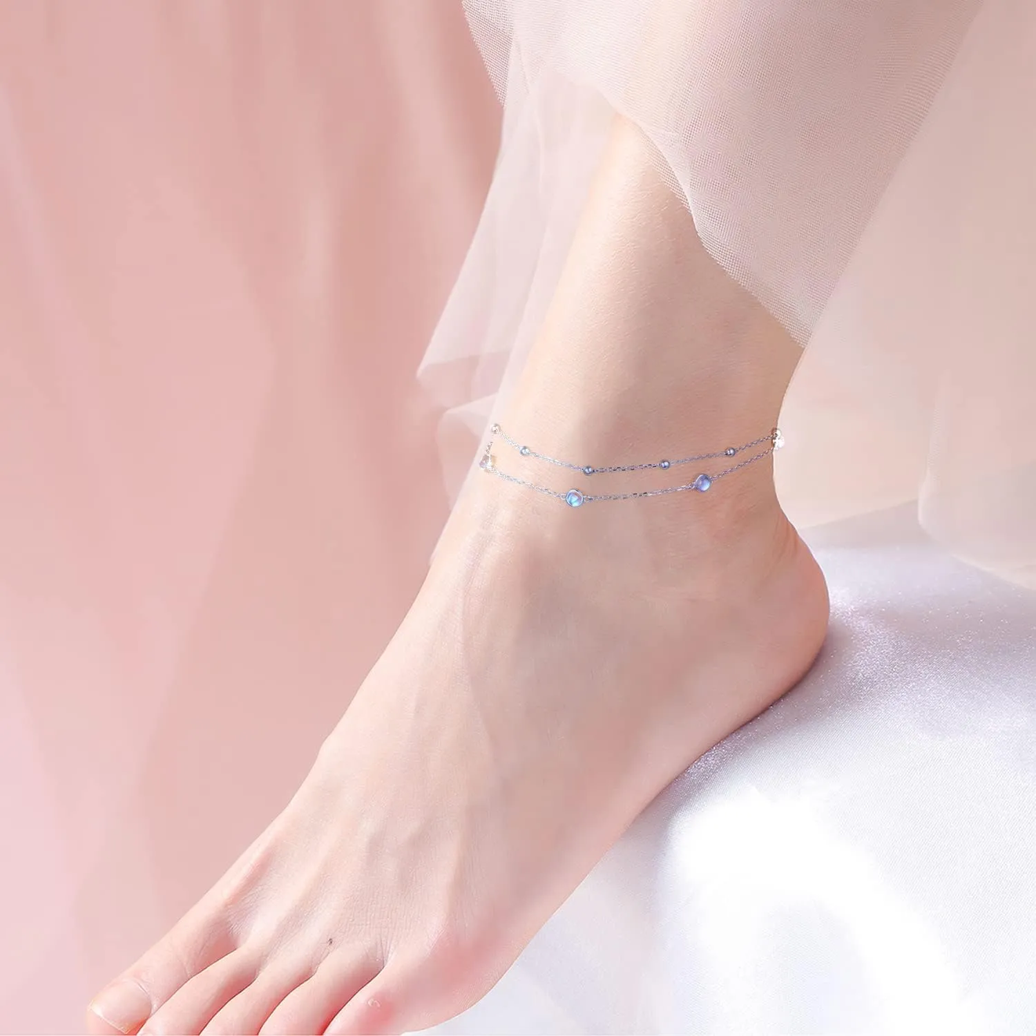 FLYOW Anklet for Women S925 Sterling Silver Adjustable Foot Beaded Heart Charm Ankle Bracelet Anklets Jewelry