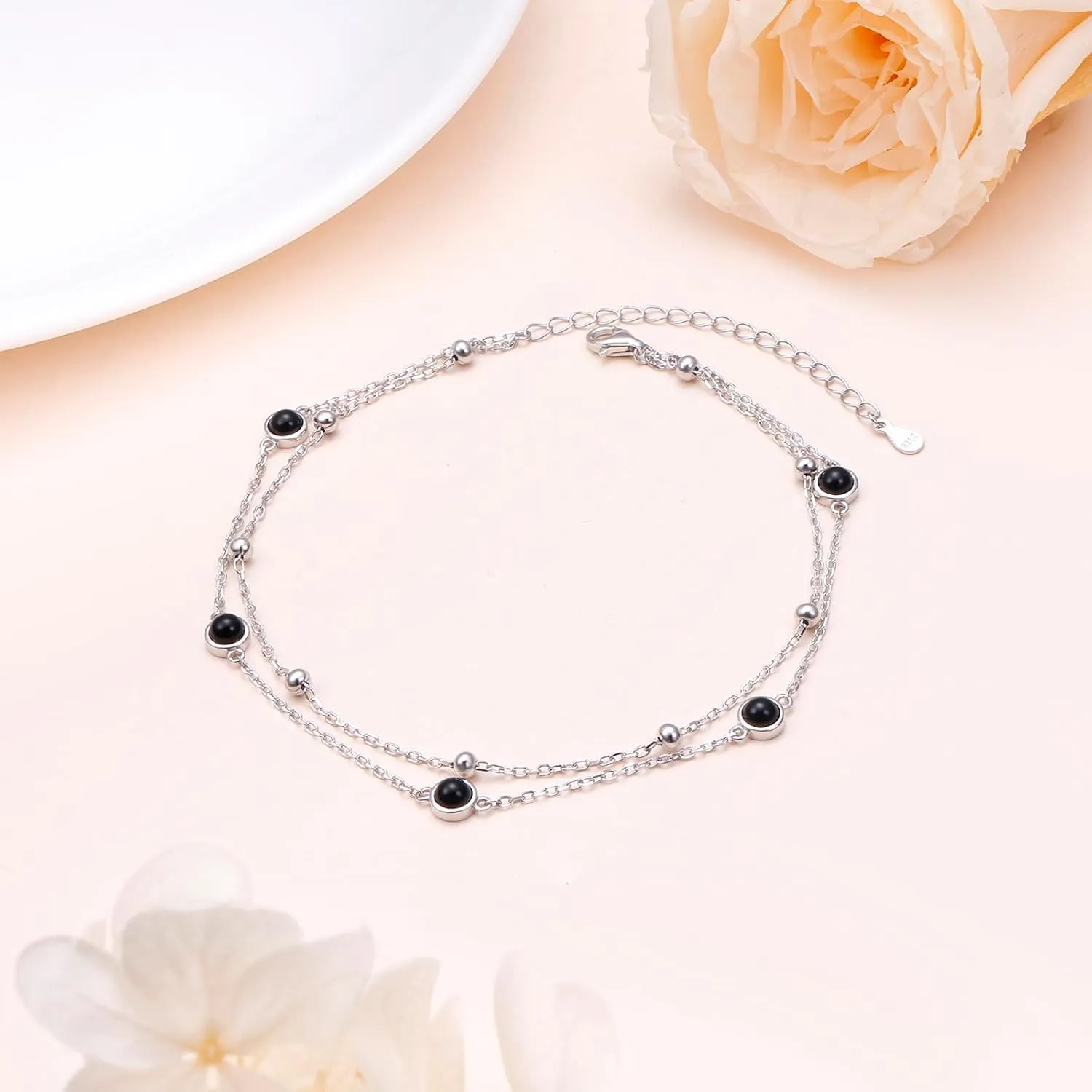 FLYOW Anklet for Women S925 Sterling Silver Adjustable Foot Beaded Heart Charm Ankle Bracelet Anklets Jewelry