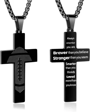 Football Cross Necklace for Men.Birthday Necklaces Gifts for Husband, Dad, Grandpa, Uncle, Brother, Son. Inspirational Black Stainless Steel Bible Verse Chain