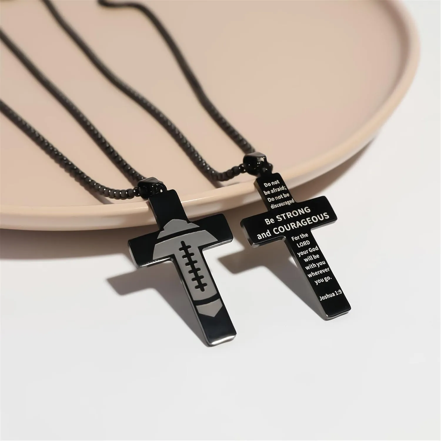 Football Cross Necklace for Men.Birthday Necklaces Gifts for Husband, Dad, Grandpa, Uncle, Brother, Son. Inspirational Black Stainless Steel Bible Verse Chain