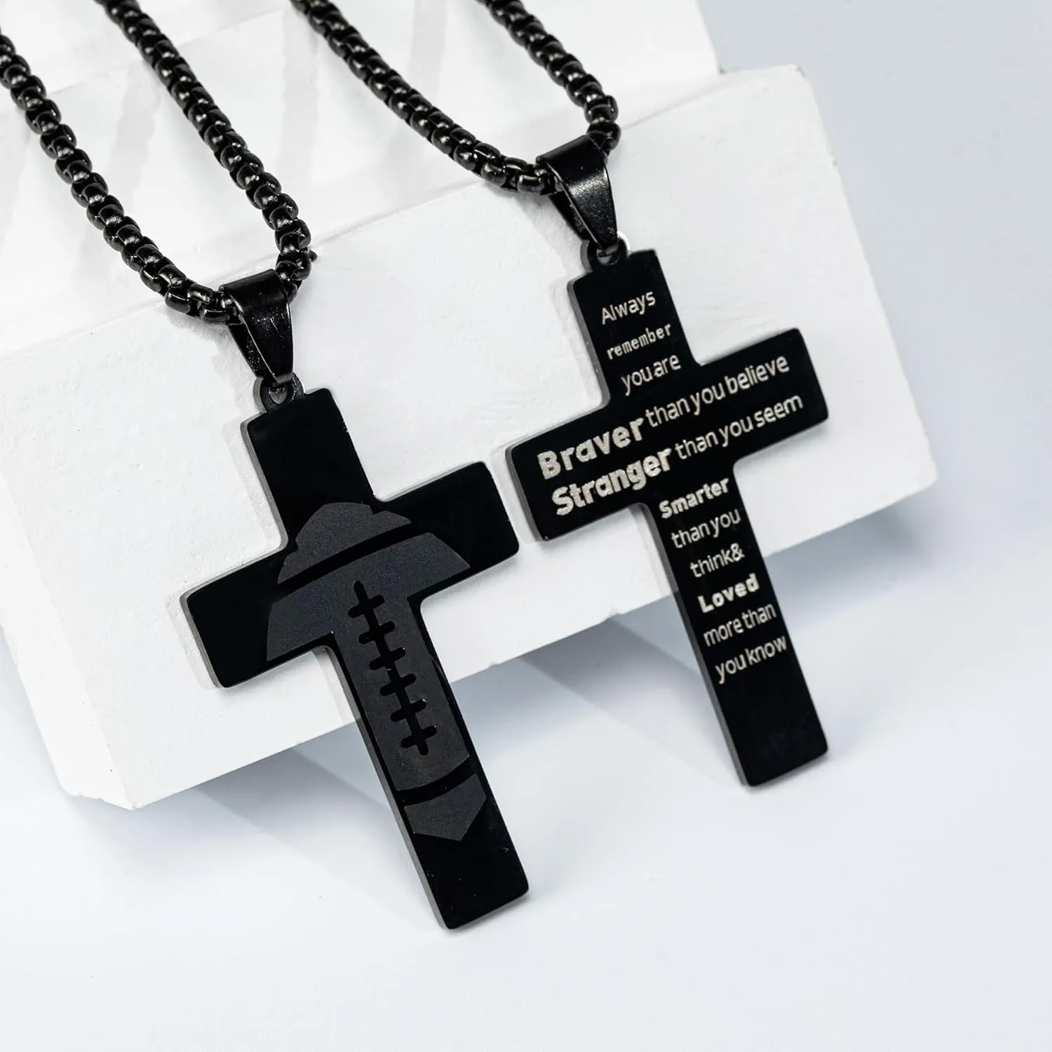 Football Cross Necklace for Men.Birthday Necklaces Gifts for Husband, Dad, Grandpa, Uncle, Brother, Son. Inspirational Black Stainless Steel Bible Verse Chain