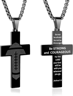 Football Cross Necklace for Men.Birthday Necklaces Gifts for Husband, Dad, Grandpa, Uncle, Brother, Son. Inspirational Black Stainless Steel Bible Verse Chain