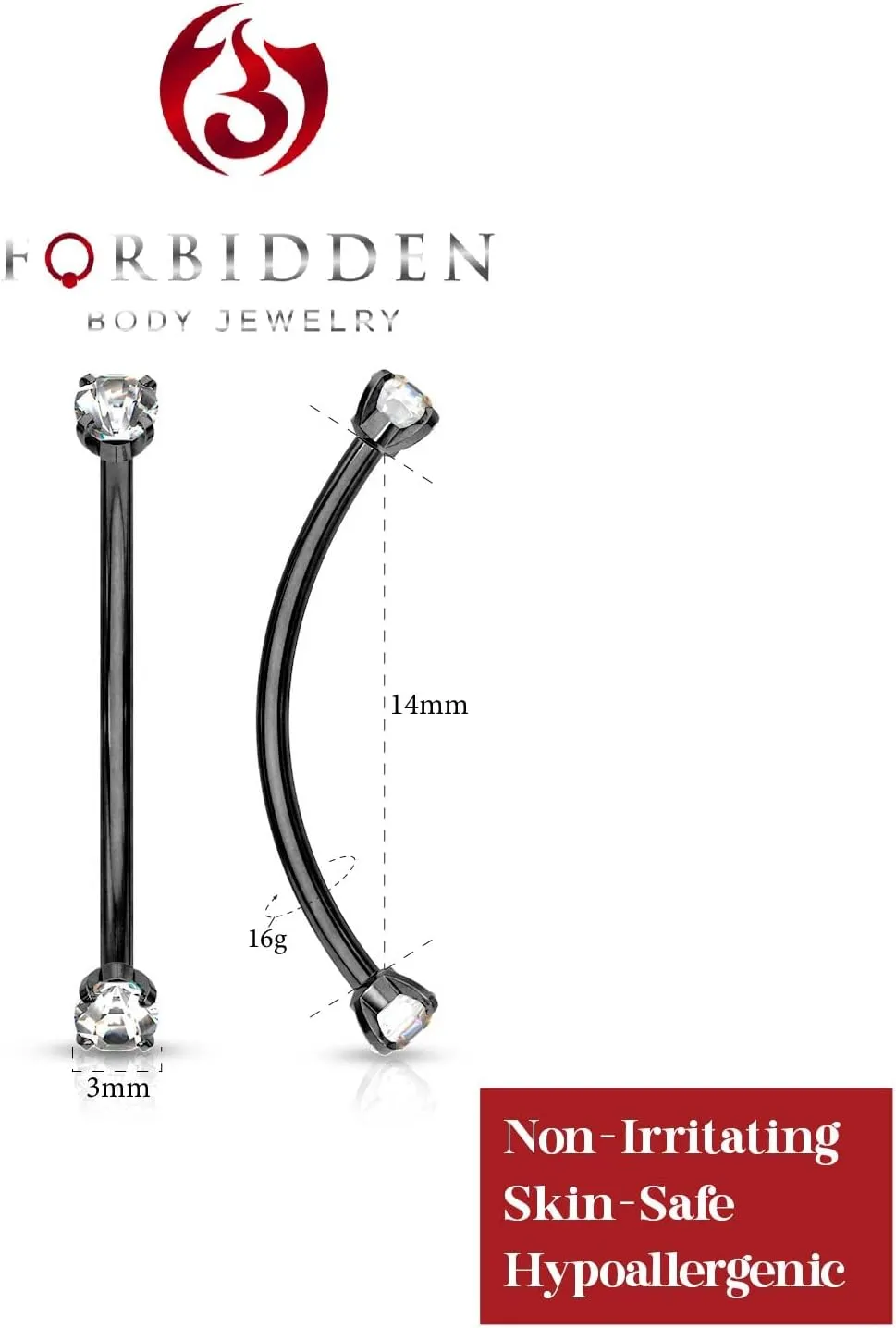 Forbidden Body Jewelry Snake Eyes Piercing Jewelry Tongue, Conch, Belly Button or Eyebrow Rings for Women & Men - 16g Curved Barbell 3mm Clear Crystal Surgical Steel Piercing (1 Pcs - 9/16")