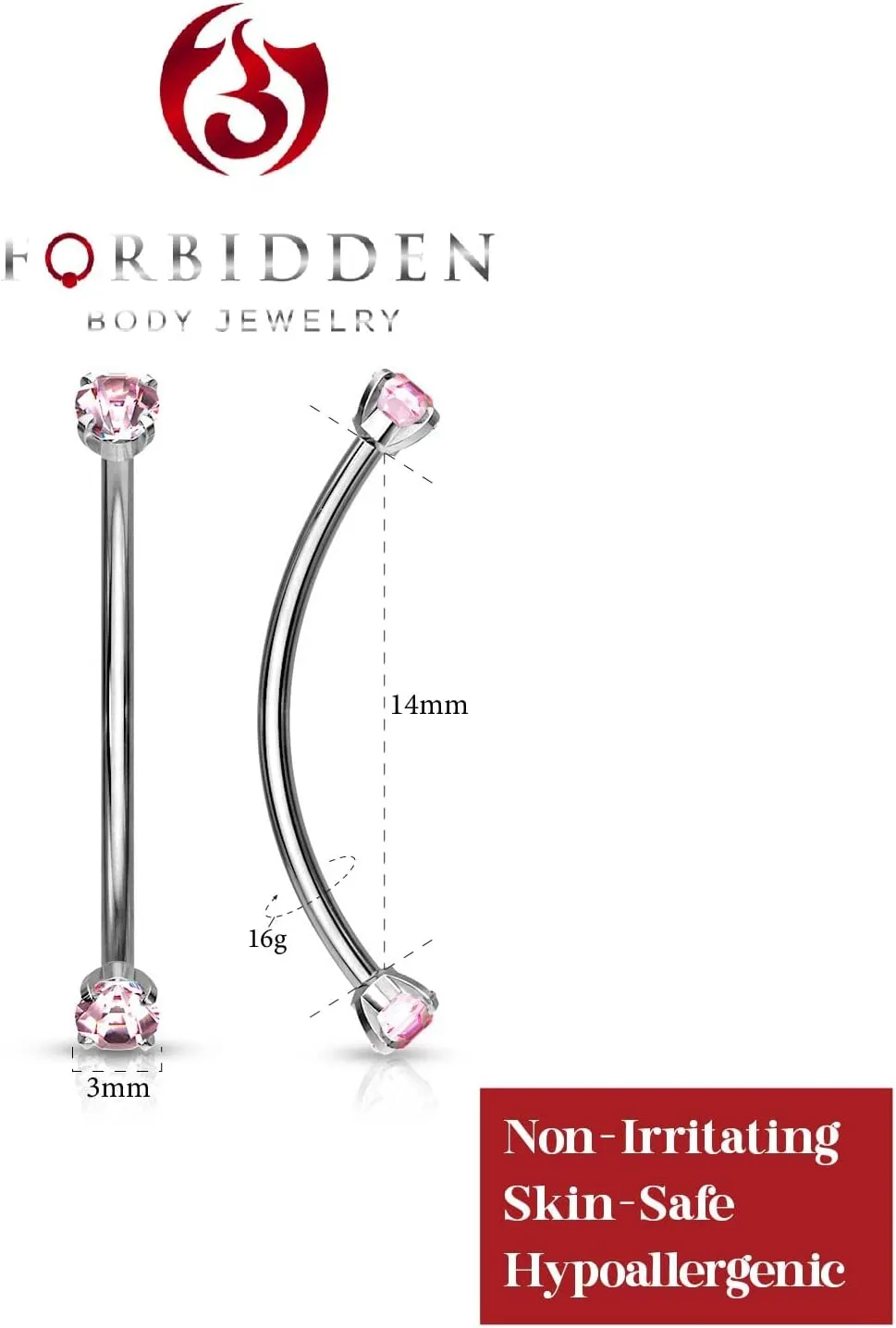 Forbidden Body Jewelry Snake Eyes Piercing Jewelry Tongue, Conch, Belly Button or Eyebrow Rings for Women & Men - 16g Curved Barbell 3mm Clear Crystal Surgical Steel Piercing (1 Pcs - 9/16")