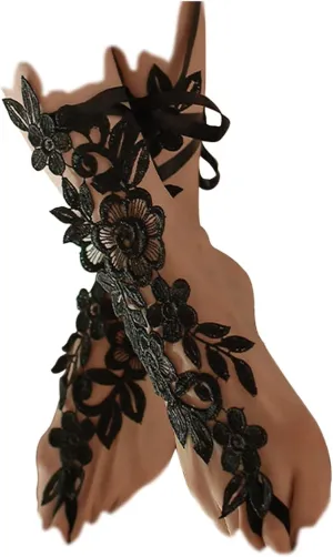 FORUBUS Sexy Flower Lace Anklet with Toe Ring for Women, Bowknot Tie Strap Embroidery Floral Lace Anklets for Wedding Barefoot Beach Sandals Jewelry