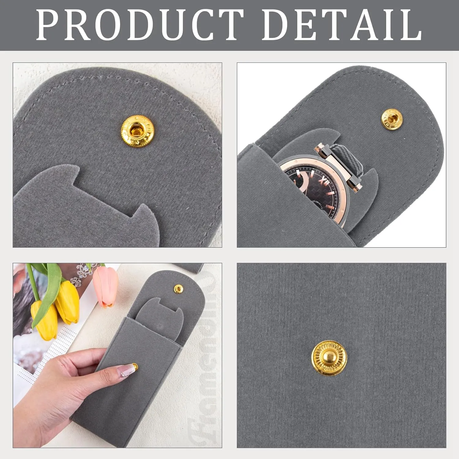 Framendino, 6 Pack Velvet Watch Pouch Portable Travel Case for Men Women Storage Bag Organizer Protective Box Grey