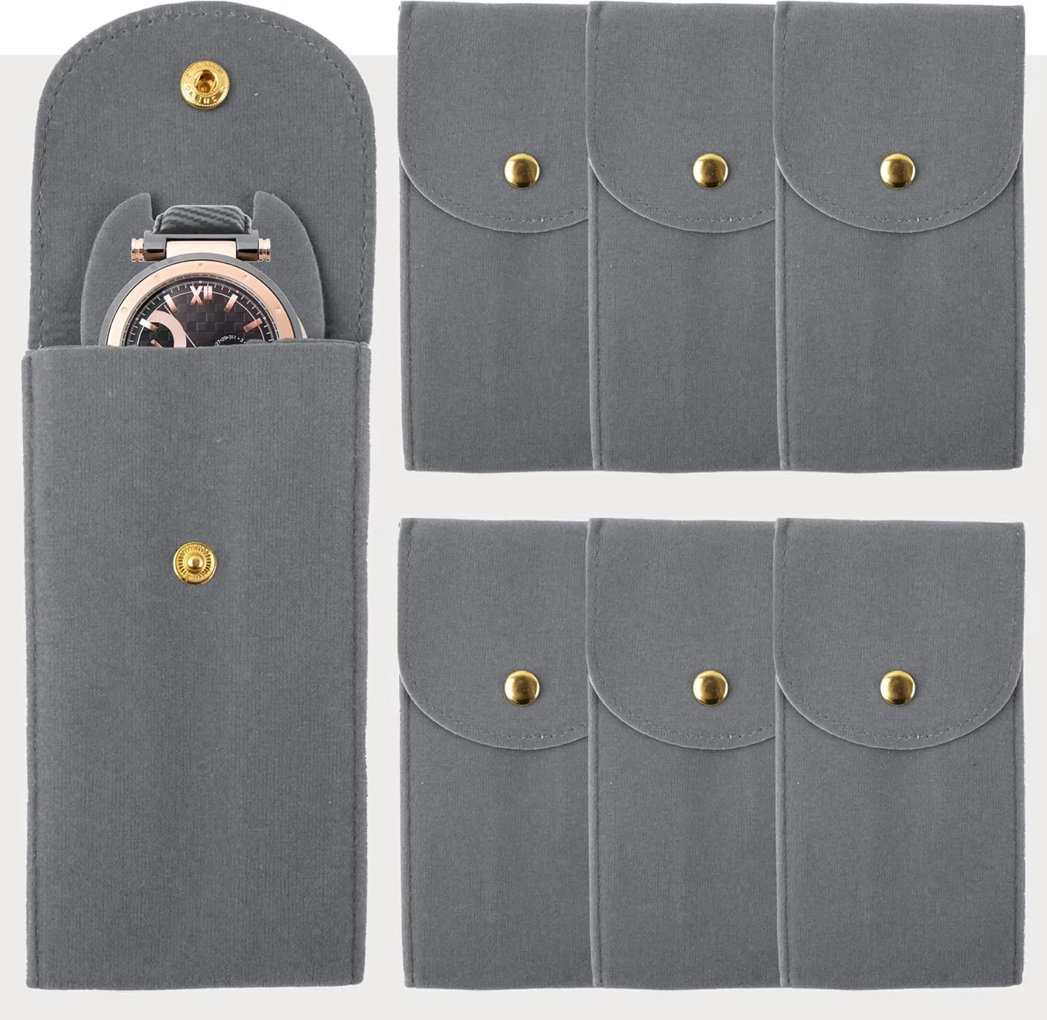 Framendino, 6 Pack Velvet Watch Pouch Portable Travel Case for Men Women Storage Bag Organizer Protective Box Grey