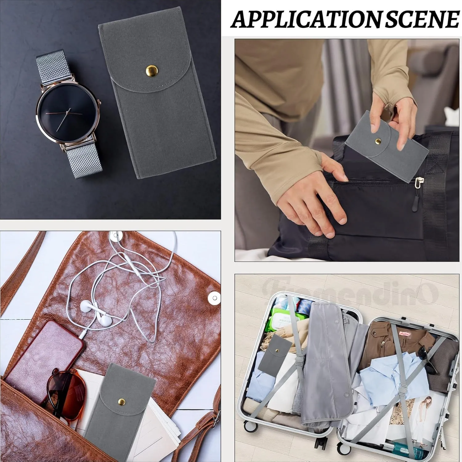 Framendino, 6 Pack Velvet Watch Pouch Portable Travel Case for Men Women Storage Bag Organizer Protective Box Grey