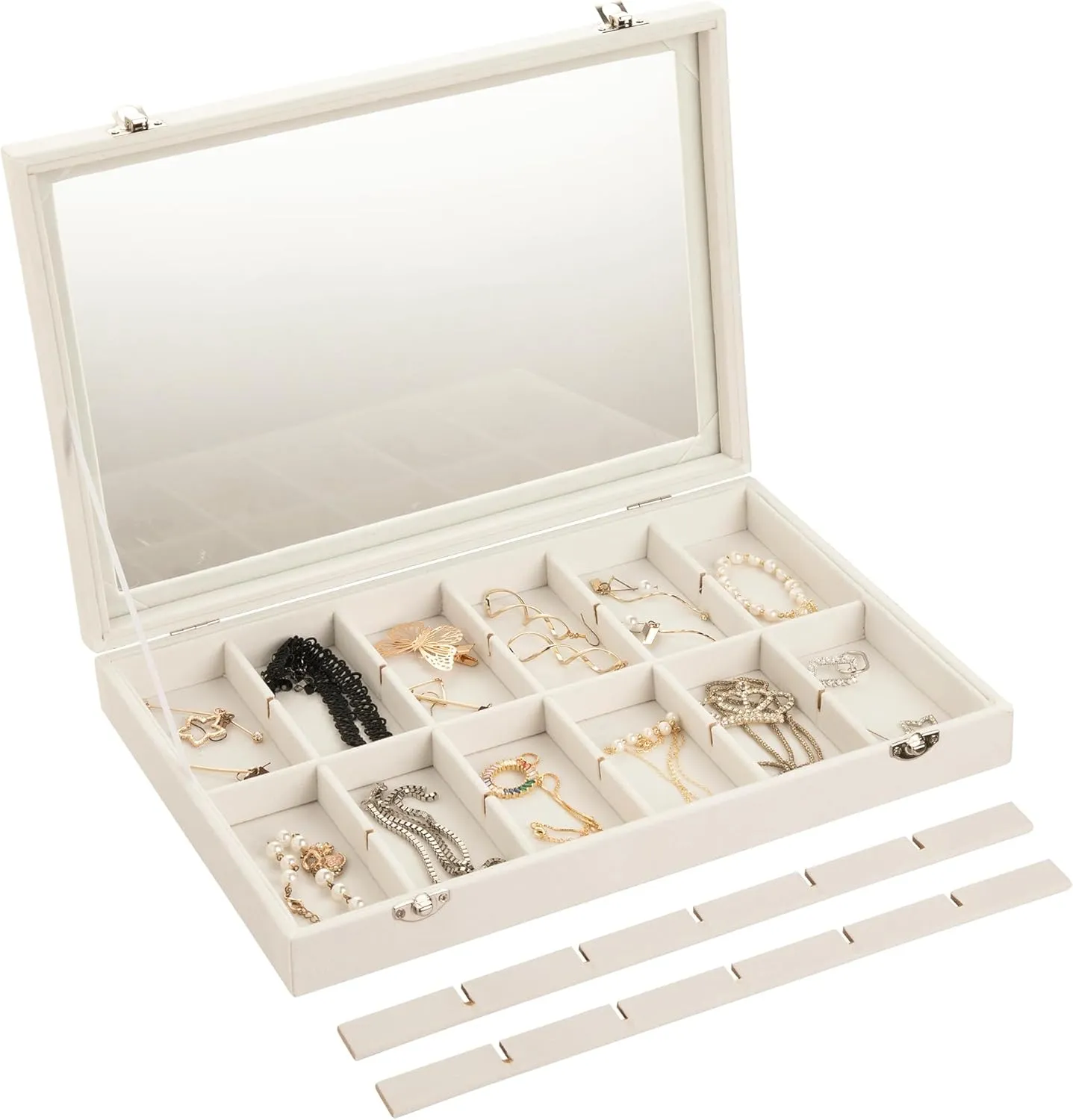 Frebeauty Velvet Jewelry Tray,24 Grid Jewelry Organizer with Clear Lid,Earring Holder Organizer with Clasp,Drawer Insert Rings Pendants Brooches,13.8 x 9.5 x 2 Inches,Gift for Women Girls(Beige)