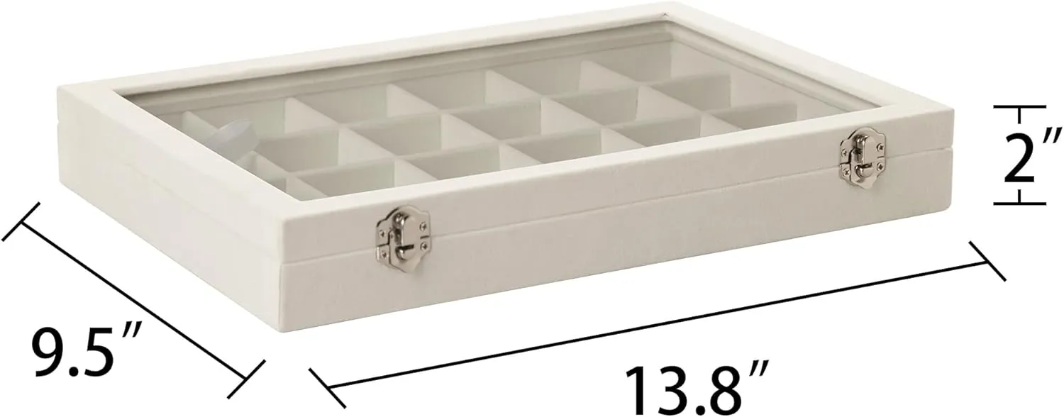 Frebeauty Velvet Jewelry Tray,24 Grid Jewelry Organizer with Clear Lid,Earring Holder Organizer with Clasp,Drawer Insert Rings Pendants Brooches,13.8 x 9.5 x 2 Inches,Gift for Women Girls(Beige)