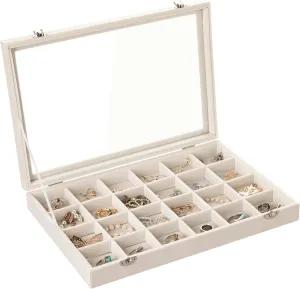 Frebeauty Velvet Jewelry Tray,24 Grid Jewelry Organizer with Clear Lid,Earring Holder Organizer with Clasp,Drawer Insert Rings Pendants Brooches,13.8 x 9.5 x 2 Inches,Gift for Women Girls(Beige)
