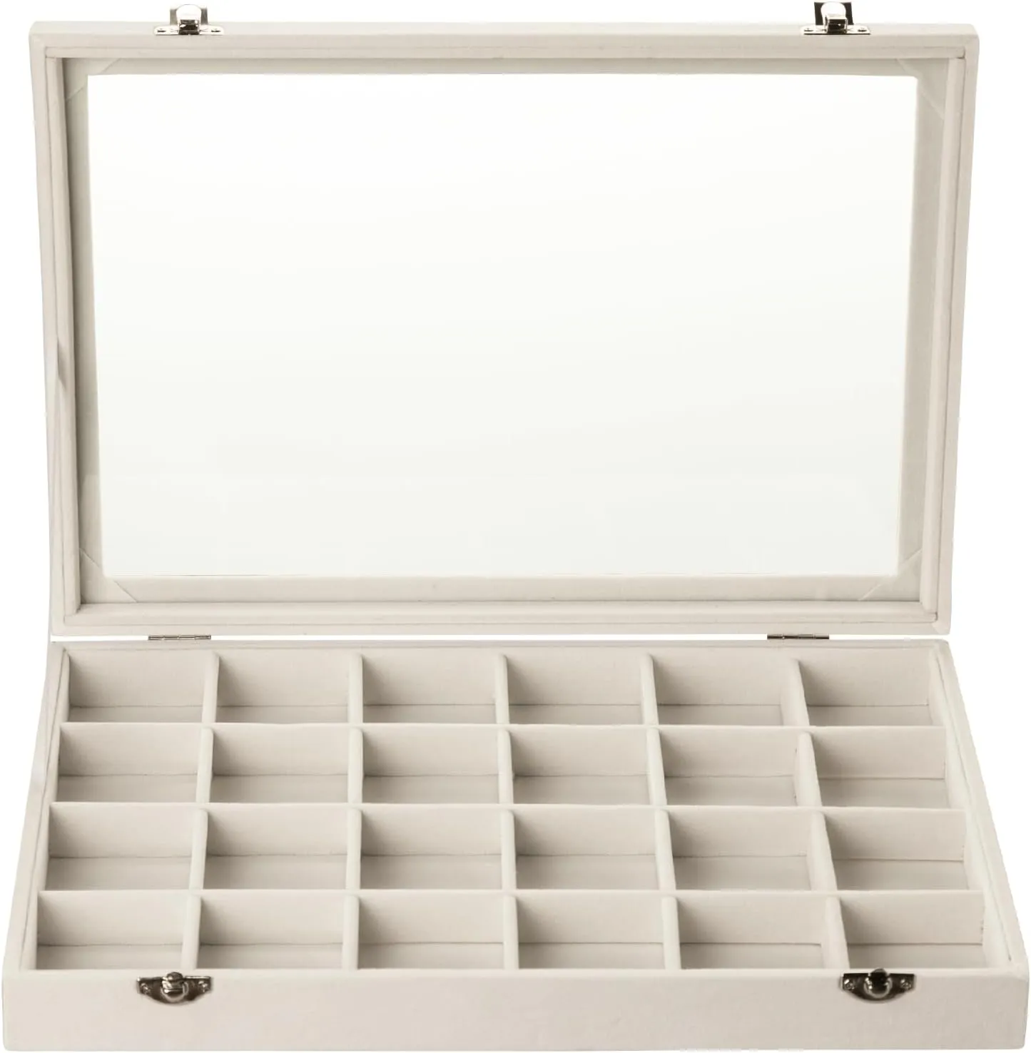 Frebeauty Velvet Jewelry Tray,24 Grid Jewelry Organizer with Clear Lid,Earring Holder Organizer with Clasp,Drawer Insert Rings Pendants Brooches,13.8 x 9.5 x 2 Inches,Gift for Women Girls(Beige)
