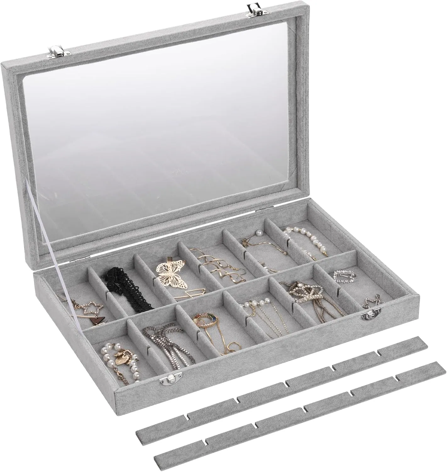 Frebeauty Velvet Jewelry Tray,24 Grid Jewelry Organizer with Clear Lid,Earring Holder Organizer with Clasp,Drawer Insert Rings Pendants Brooches,13.8 x 9.5 x 2 Inches,Gift for Women Girls(Grey)