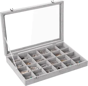 Frebeauty Velvet Jewelry Tray,24 Grid Jewelry Organizer with Clear Lid,Earring Holder Organizer with Clasp,Drawer Insert Rings Pendants Brooches,13.8 x 9.5 x 2 Inches,Gift for Women Girls(Grey)