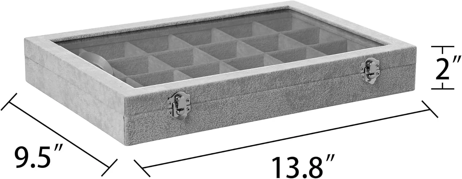 Frebeauty Velvet Jewelry Tray,24 Grid Jewelry Organizer with Clear Lid,Earring Holder Organizer with Clasp,Drawer Insert Rings Pendants Brooches,13.8 x 9.5 x 2 Inches,Gift for Women Girls(Grey)