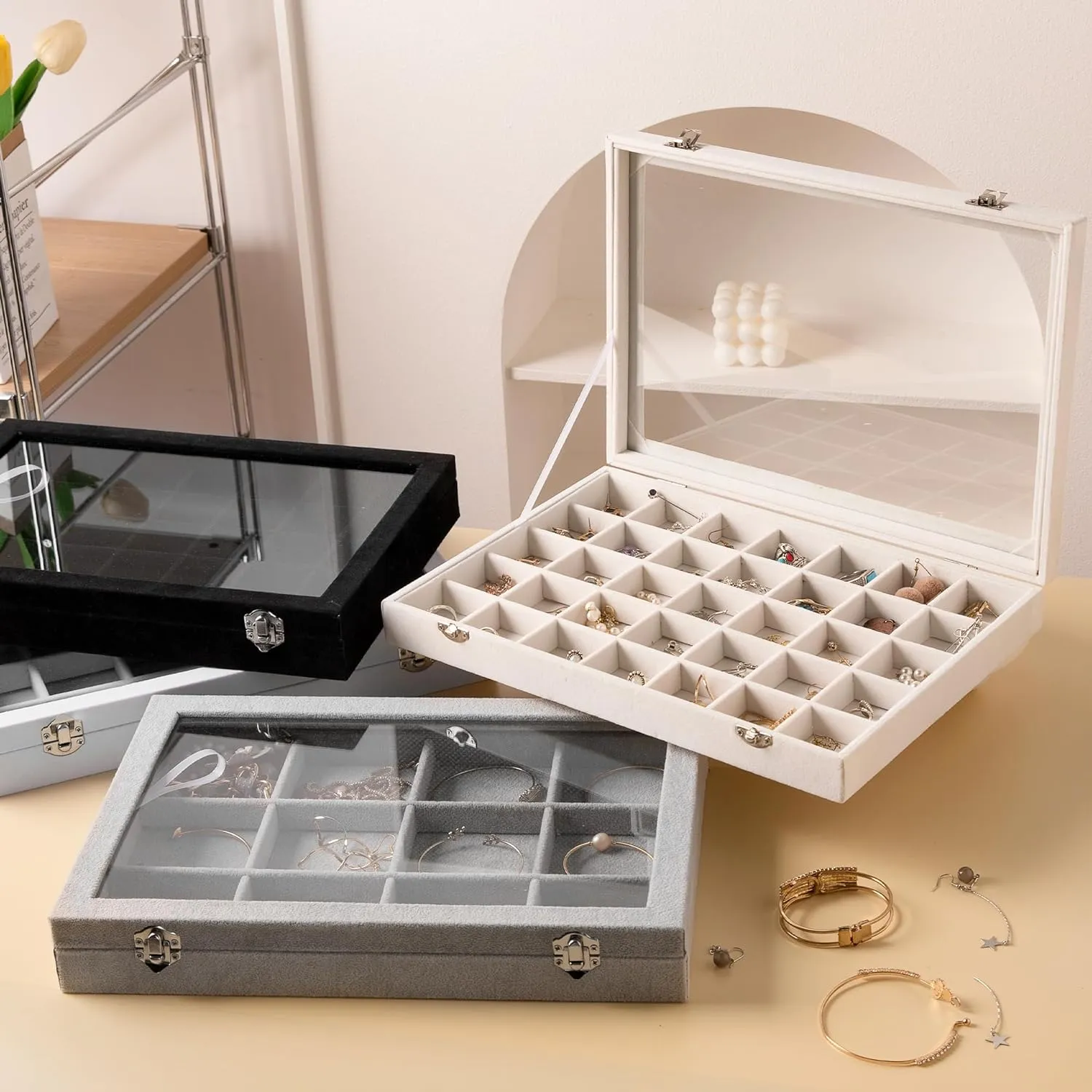 Frebeauty Velvet Jewelry Tray,24 Grid Jewelry Organizer with Clear Lid,Earring Holder Organizer with Clasp,Drawer Insert Rings Pendants Brooches,13.8 x 9.5 x 2 Inches,Gift for Women Girls(Grey)