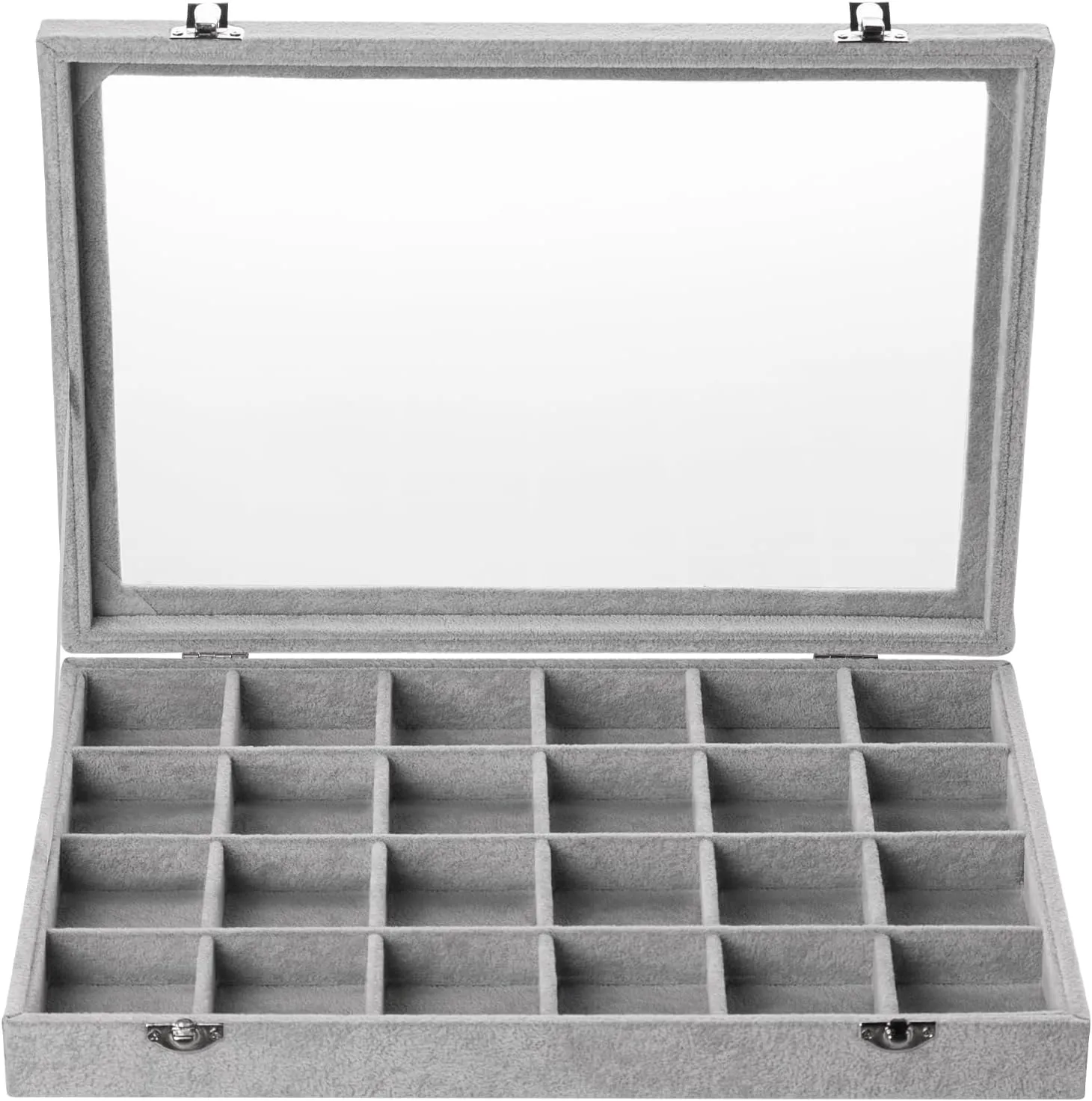 Frebeauty Velvet Jewelry Tray,24 Grid Jewelry Organizer with Clear Lid,Earring Holder Organizer with Clasp,Drawer Insert Rings Pendants Brooches,13.8 x 9.5 x 2 Inches,Gift for Women Girls(Grey)