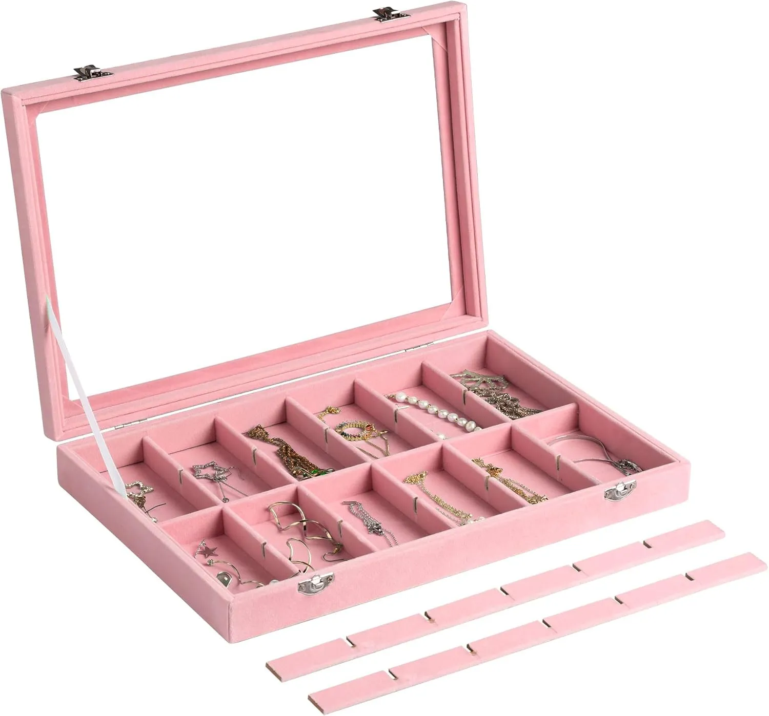 Frebeauty Velvet Jewelry Tray,24 Grid Jewelry Organizer with Clear Lid,Earring Holder Organizer with Clasp,Drawer Insert Rings Pendants Brooches,13.8 x 9.5 x 2 Inches,Gift for Women(Pink)