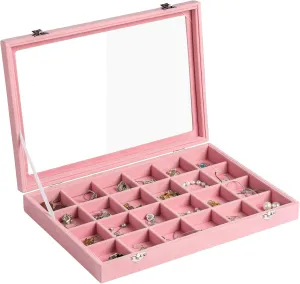 Frebeauty Velvet Jewelry Tray,24 Grid Jewelry Organizer with Clear Lid,Earring Holder Organizer with Clasp,Drawer Insert Rings Pendants Brooches,13.8 x 9.5 x 2 Inches,Gift for Women(Pink)