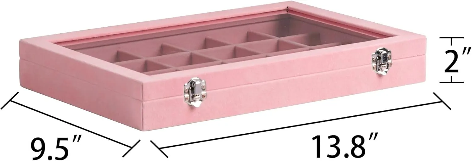 Frebeauty Velvet Jewelry Tray,24 Grid Jewelry Organizer with Clear Lid,Earring Holder Organizer with Clasp,Drawer Insert Rings Pendants Brooches,13.8 x 9.5 x 2 Inches,Gift for Women(Pink)