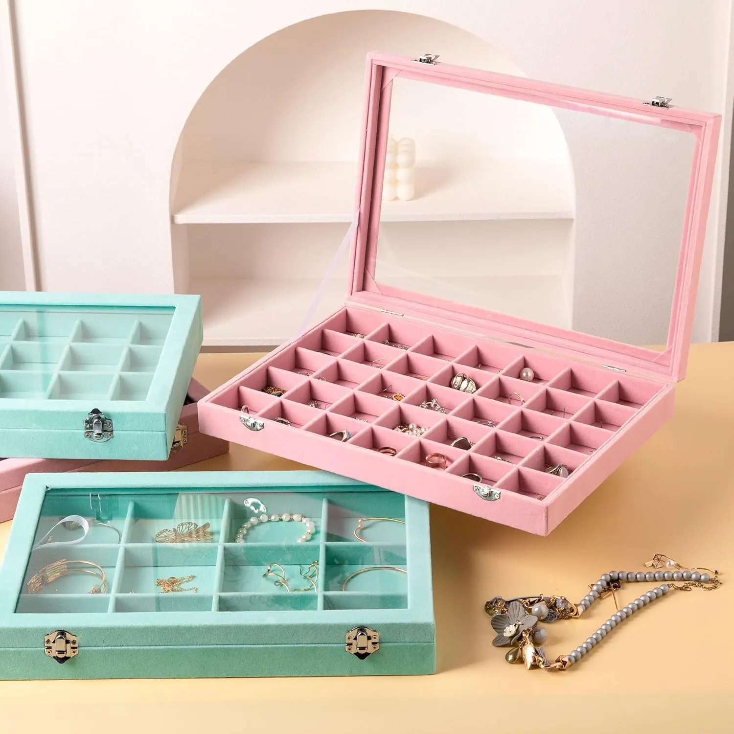Frebeauty Velvet Jewelry Tray,24 Grid Jewelry Organizer with Clear Lid,Earring Holder Organizer with Clasp,Drawer Insert Rings Pendants Brooches,13.8 x 9.5 x 2 Inches,Gift for Women(Pink)