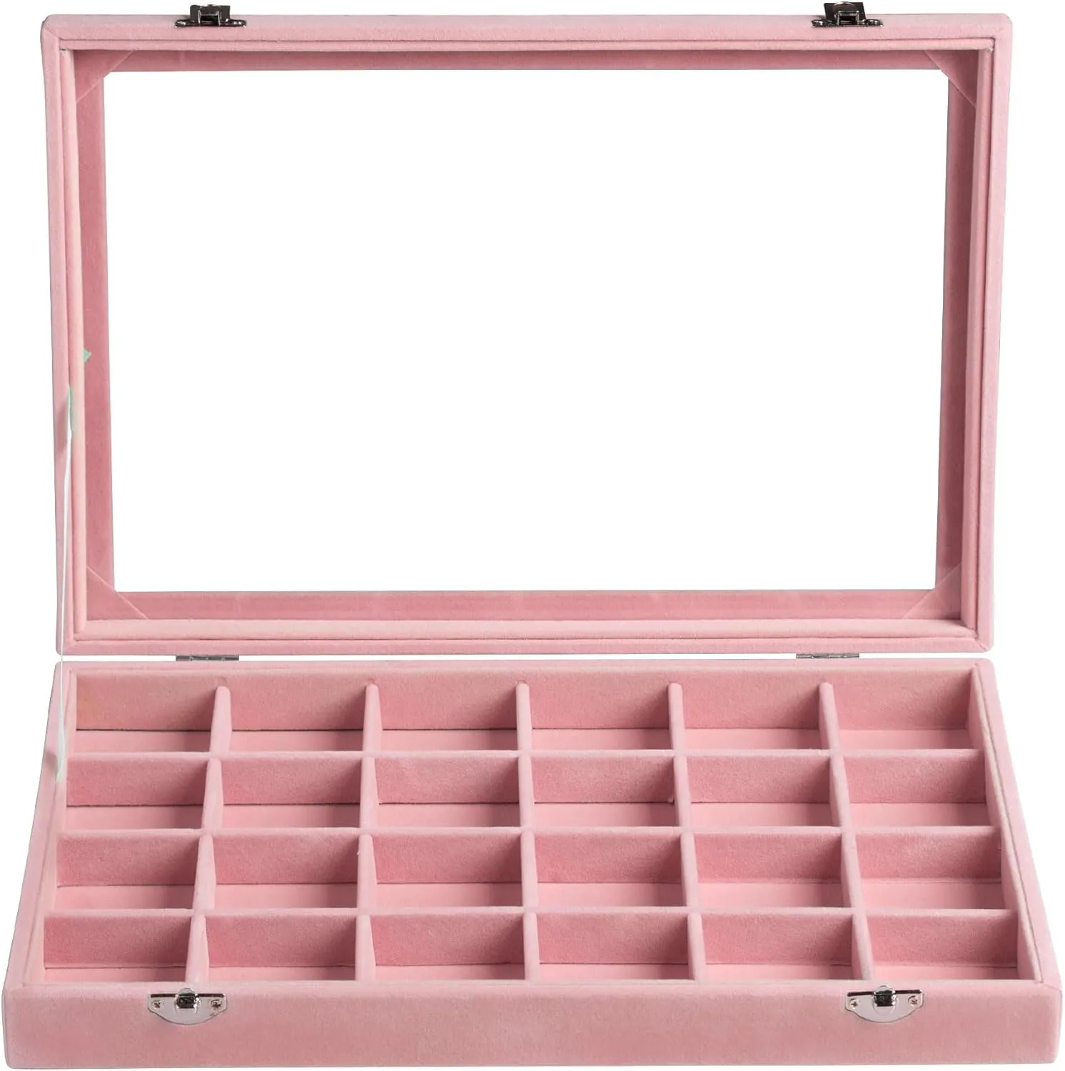 Frebeauty Velvet Jewelry Tray,24 Grid Jewelry Organizer with Clear Lid,Earring Holder Organizer with Clasp,Drawer Insert Rings Pendants Brooches,13.8 x 9.5 x 2 Inches,Gift for Women(Pink)