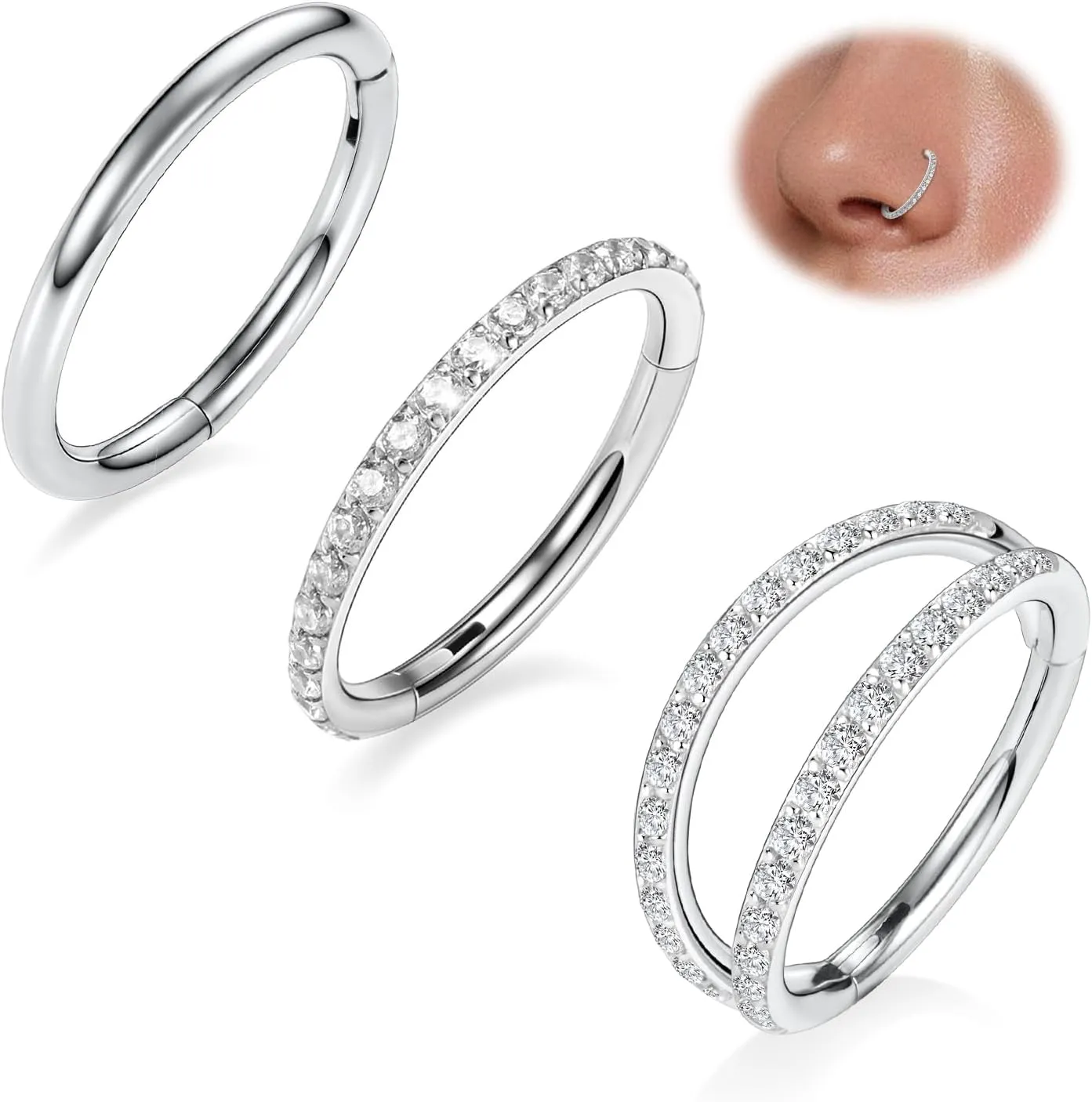 FUNLMO 3Pcs Nose Rings Double Hoop Nose Ring Conch Daith Tragus Helix Rook Piercing Jewelry Surgical Steel Cartilage Earring Conch Hoop Earring Septum Jewelry Lip Ring