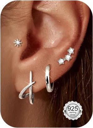FUNRUN JEWELRY 925 Sterling Silver Small Gold Stud Hoop Earrings for Women Hypoallergenic 14k Gold Plated Earring Set for Women Studs Dainty Huggie Hoop Stud Earrings Cartilage Earring Stacks 4Pairs