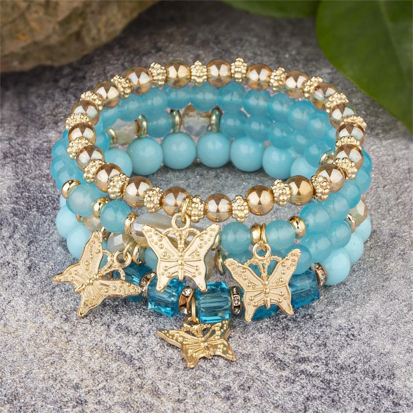 Fuqimanman2020 Boho 4pcs Butterfly Charm Gold Beaded Stackable Stretch Bracelet Set Crystal Butterfly Colorful Elastic Bracelets